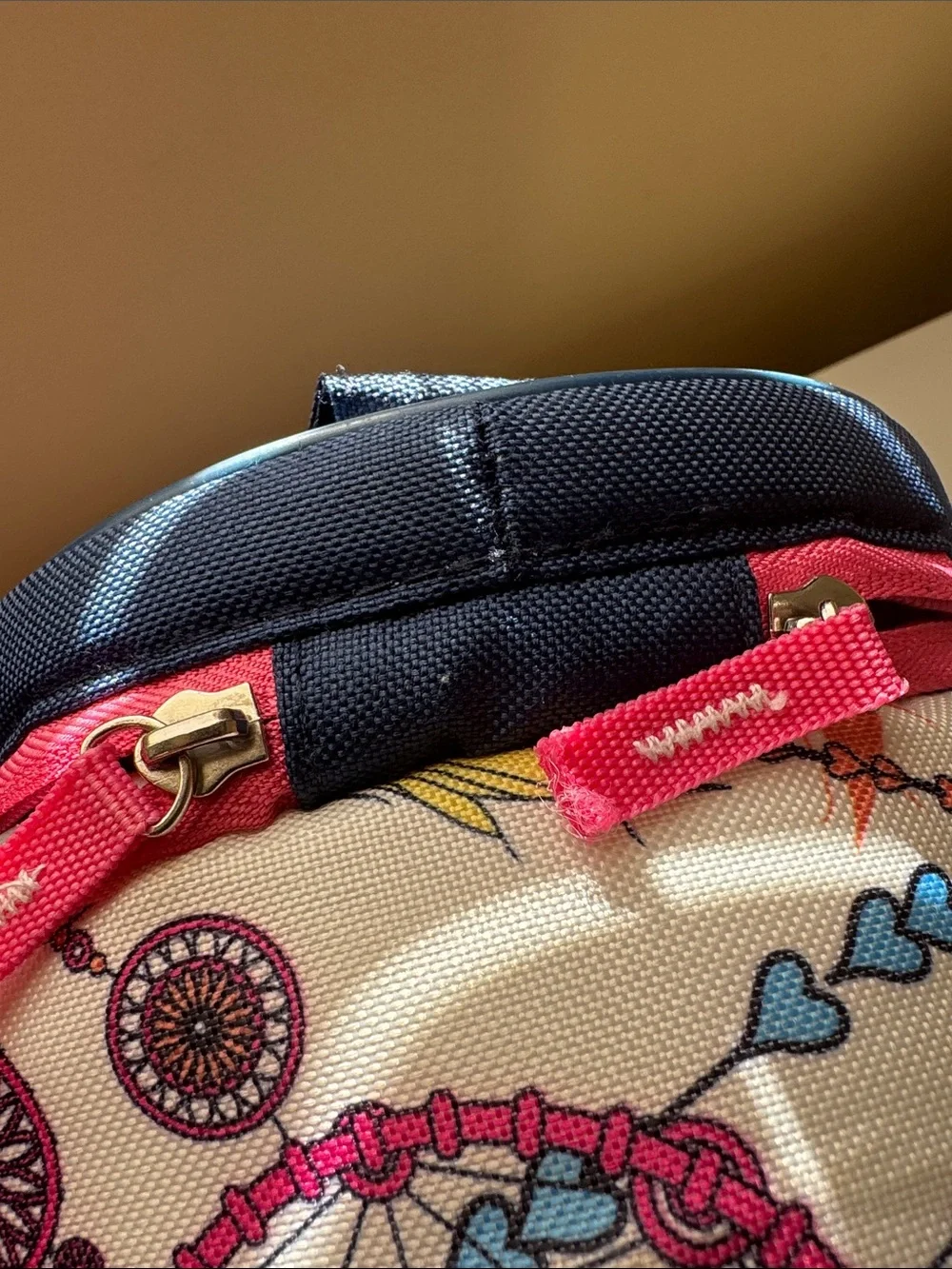 Navy and Multicolor Printed Cosmetic Train Case with Coral Trim